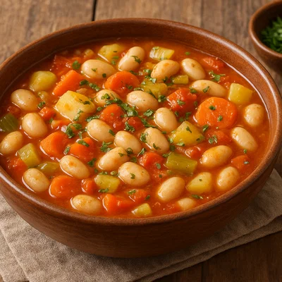 Vegetarischer Bohneneintopf mit Gemüse und Kräutern