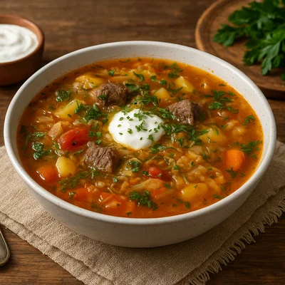 Russische Kohlsuppe Schtschi mit Rindfleisch und Sauerkraut