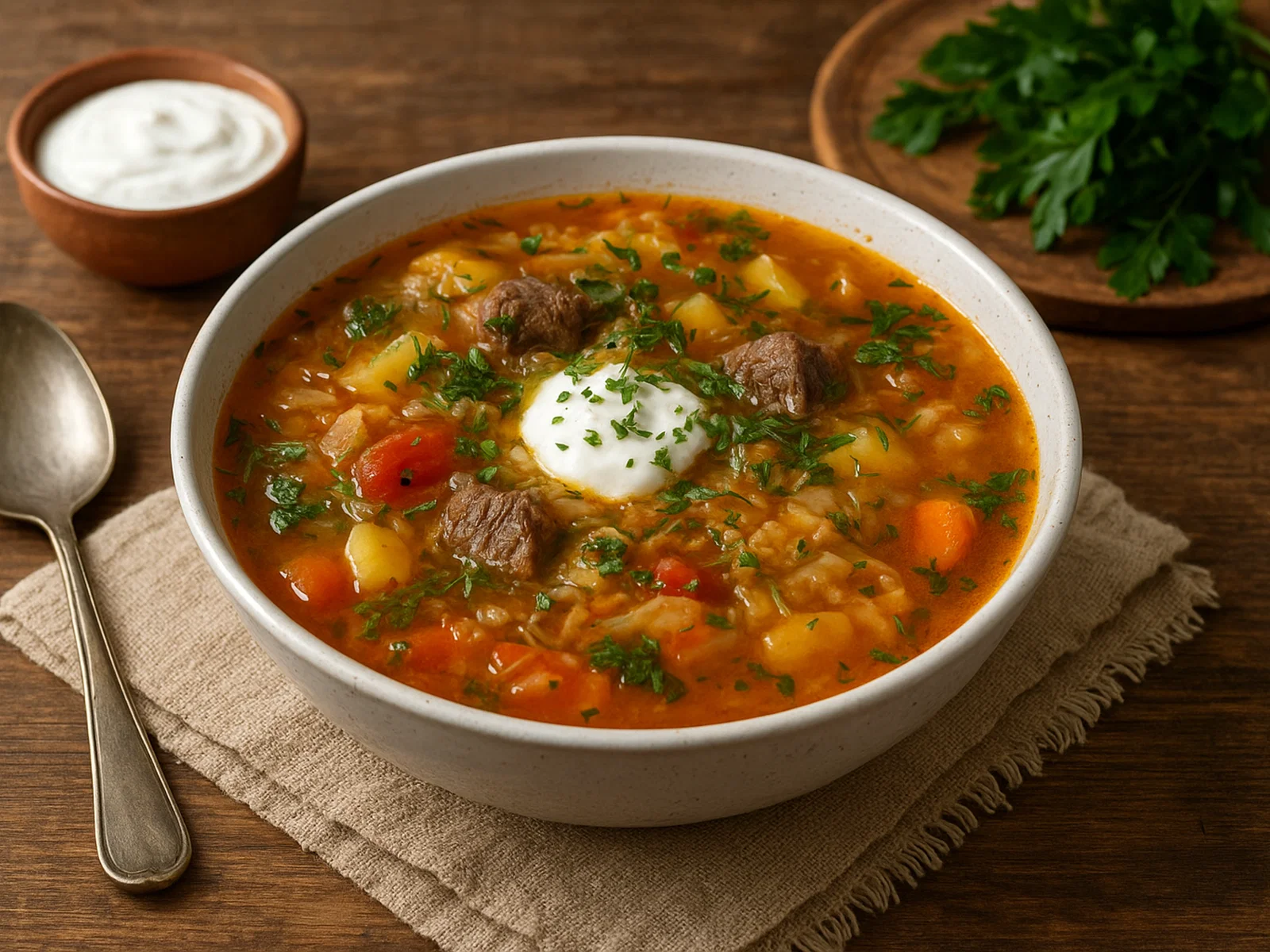 Russische Kohlsuppe Schtschi mit Rindfleisch und Sauerkraut