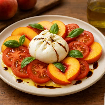 Pfirsich-Caprese mit Burrata und Balsamico-Reduktion
