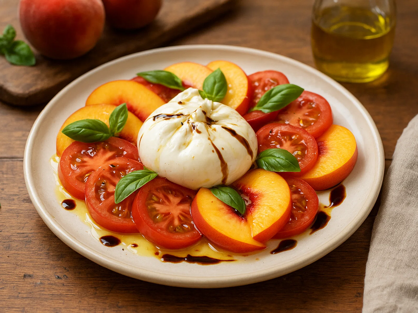 Pfirsich-Caprese mit Burrata und Balsamico-Reduktion