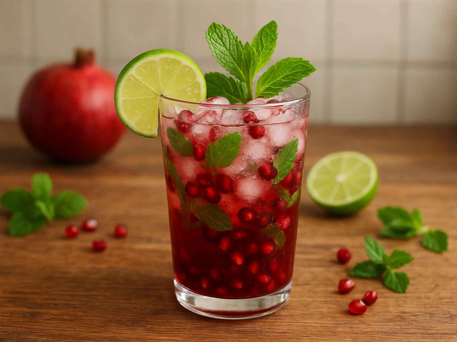 Granatapfel-Mojito-Attrappe (alkoholfreier Granatapfel-Mojito)