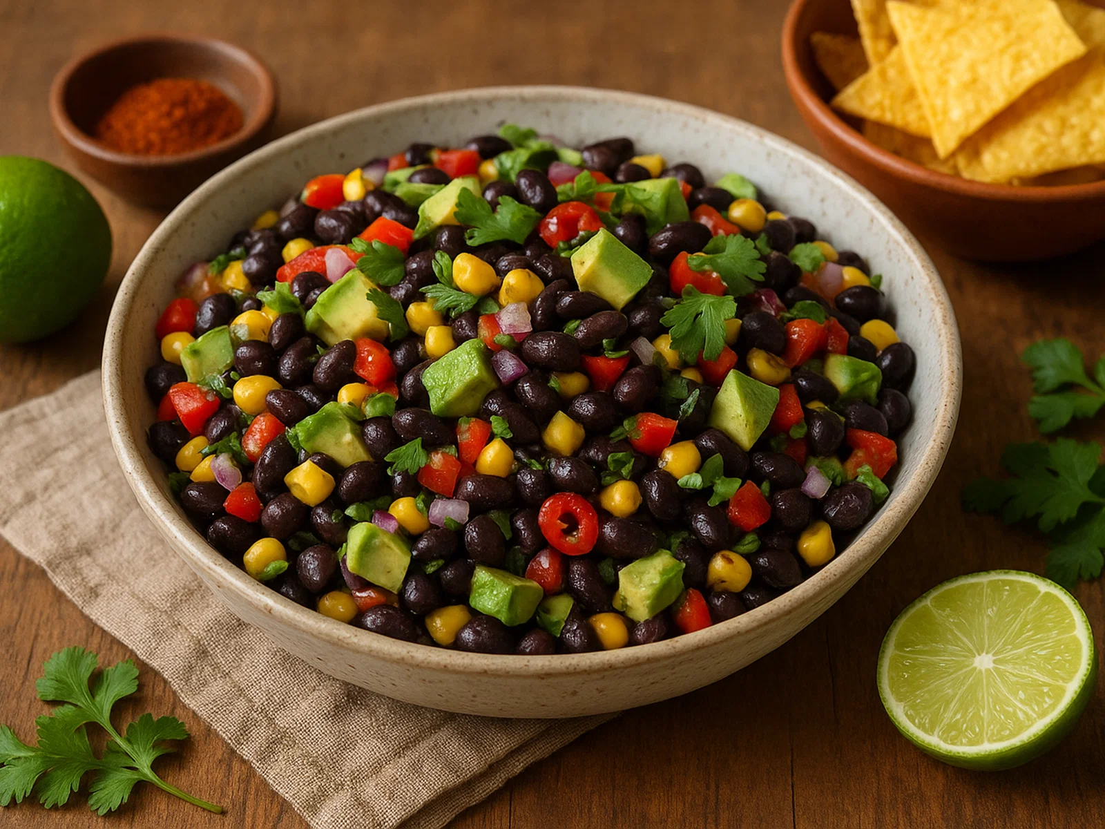 Mexikanischer schwarzer Bohnensalat mit Mais und Avocado