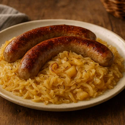 Bratwurst mit Schmorsauerkraut und Zwiebeln