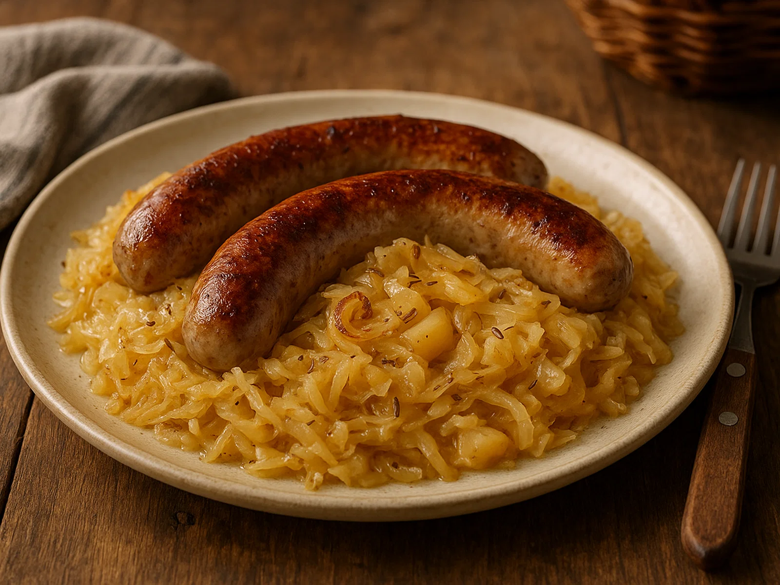 Bratwurst mit Schmorsauerkraut und Zwiebeln