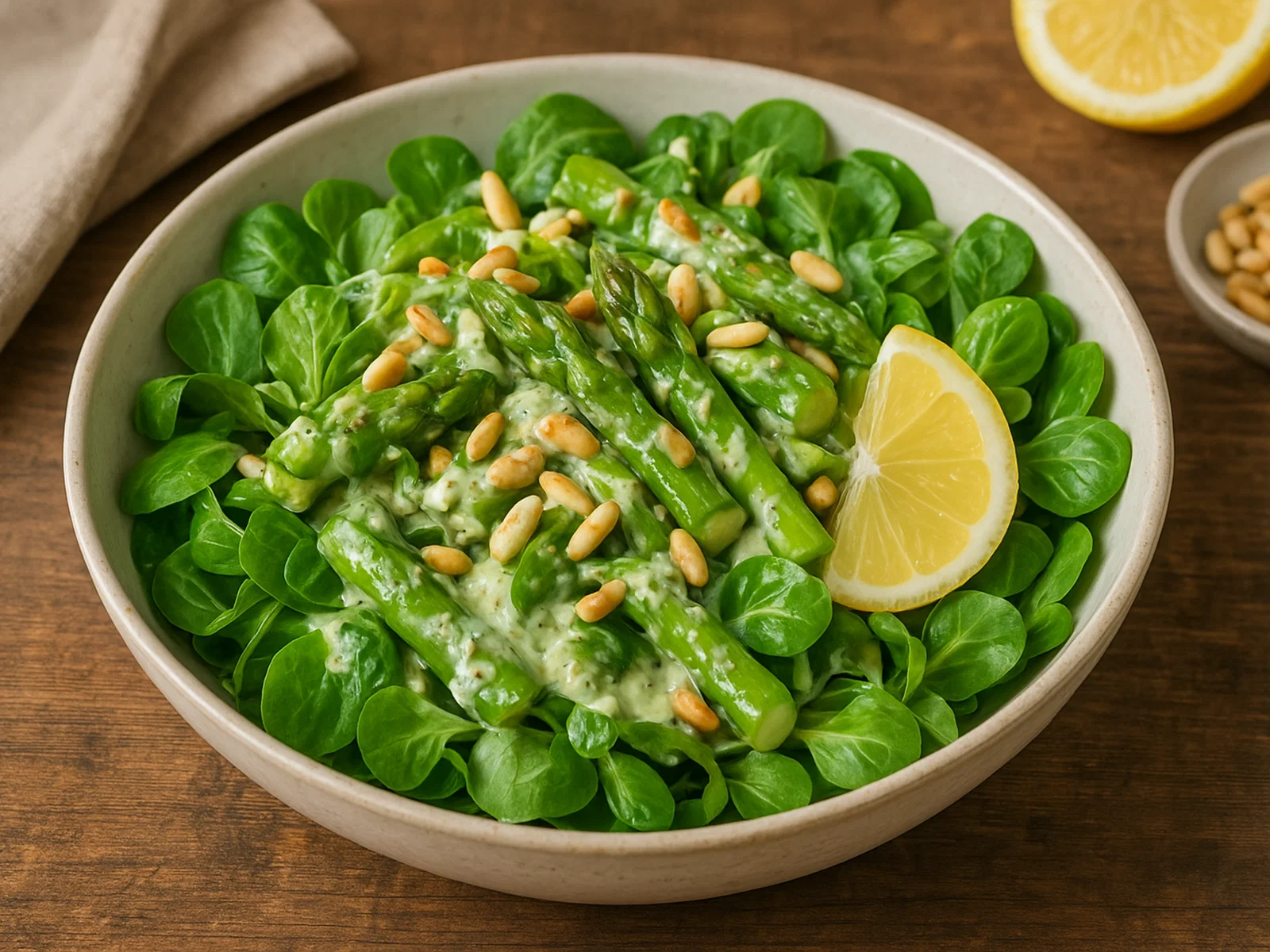 Cremige Feldsalat-Bowl mit Spargel und Pinienkernen