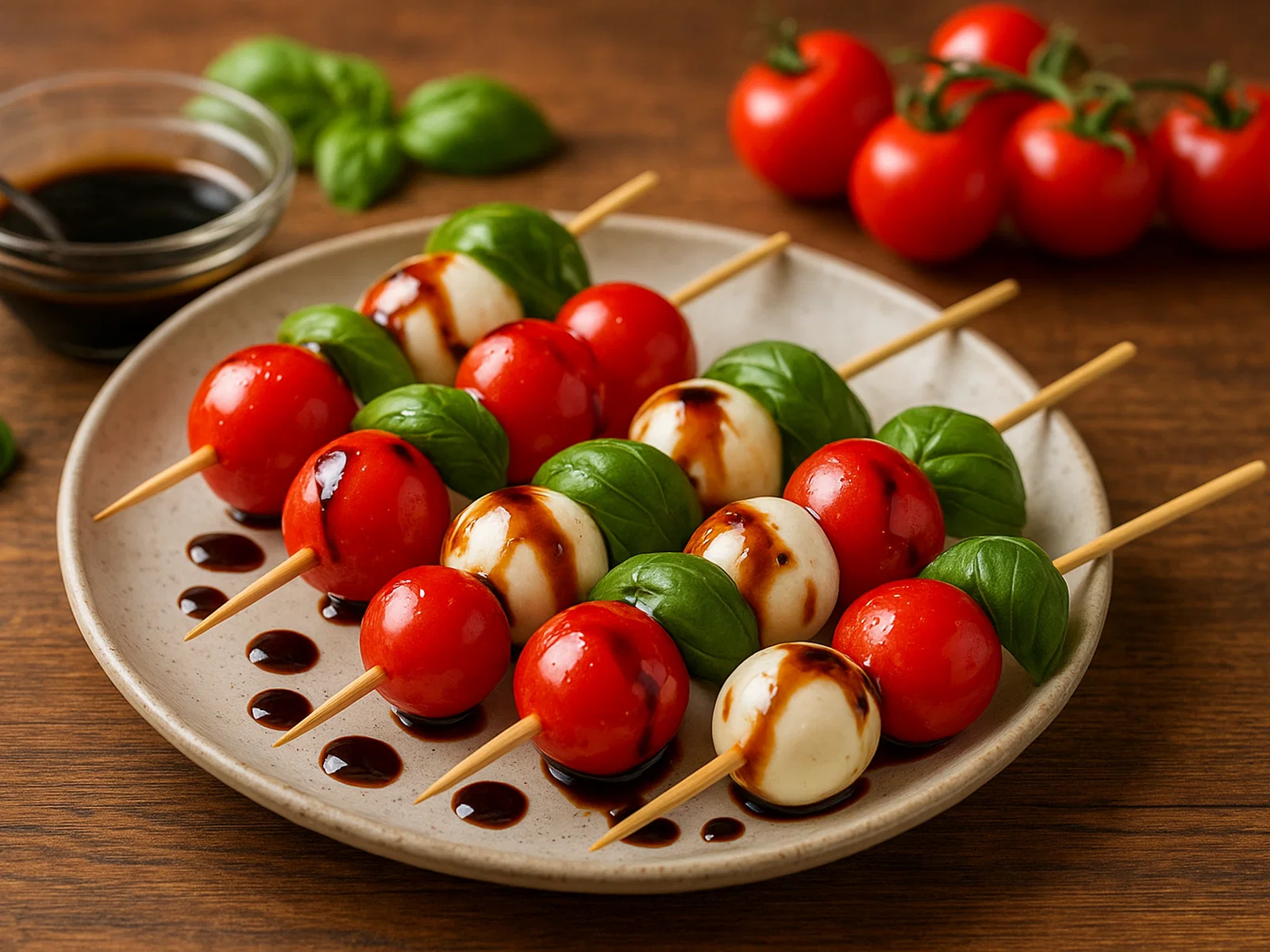 Tomate-Mozzarella-Spieße mit Balsamico-Glasur