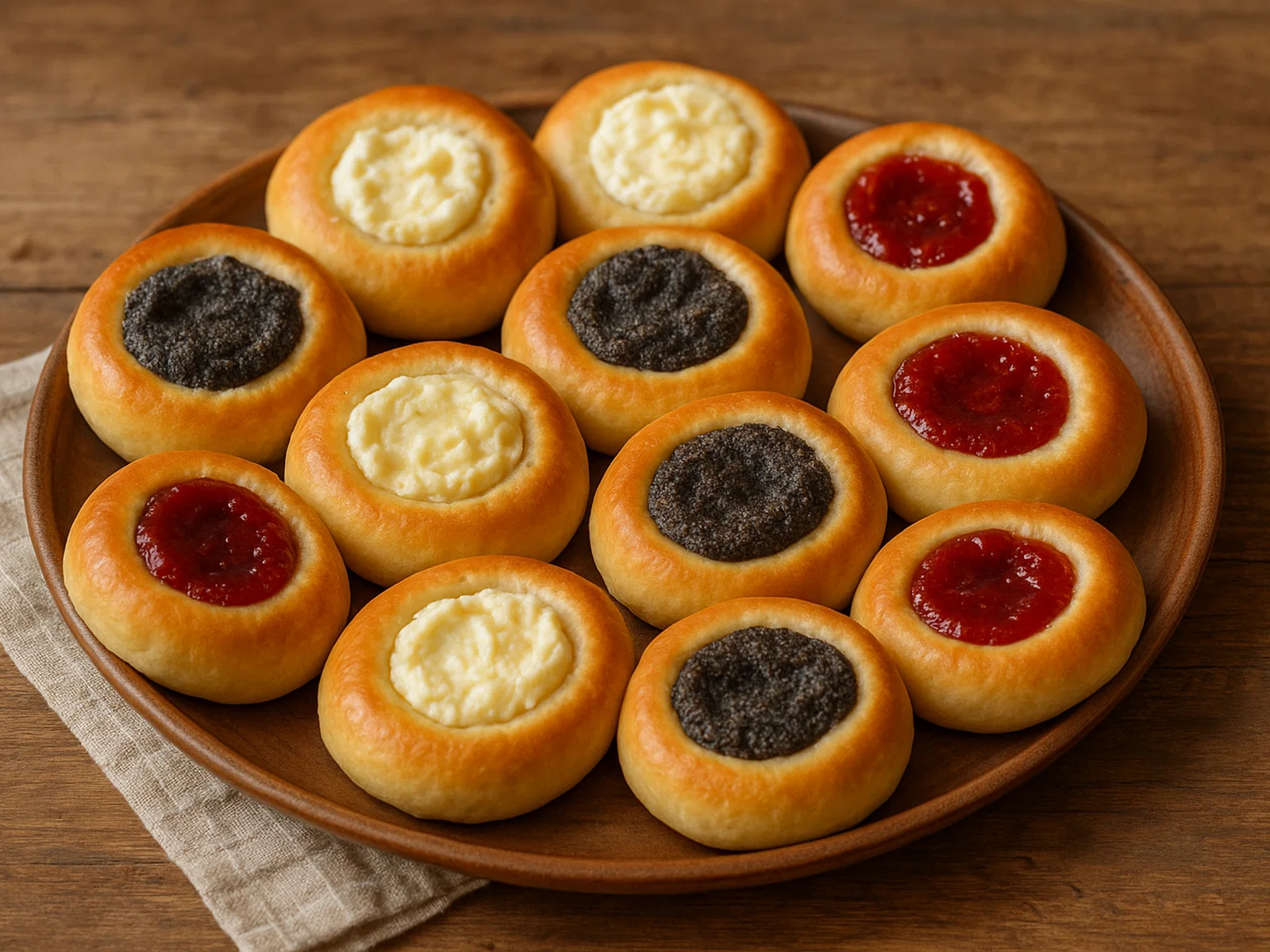 Tschechische Koláče mit Quark-, Mohn- und Obstfüllung
