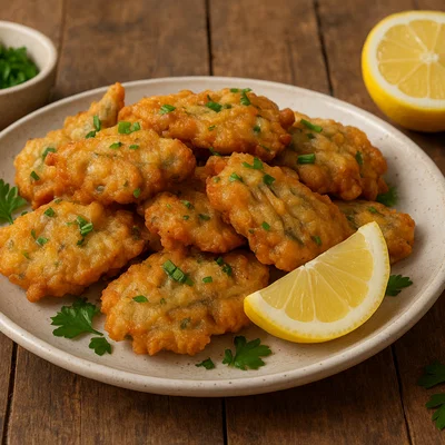 Knusprige Whitebait-Fritter mit Zitrone und Kräutern