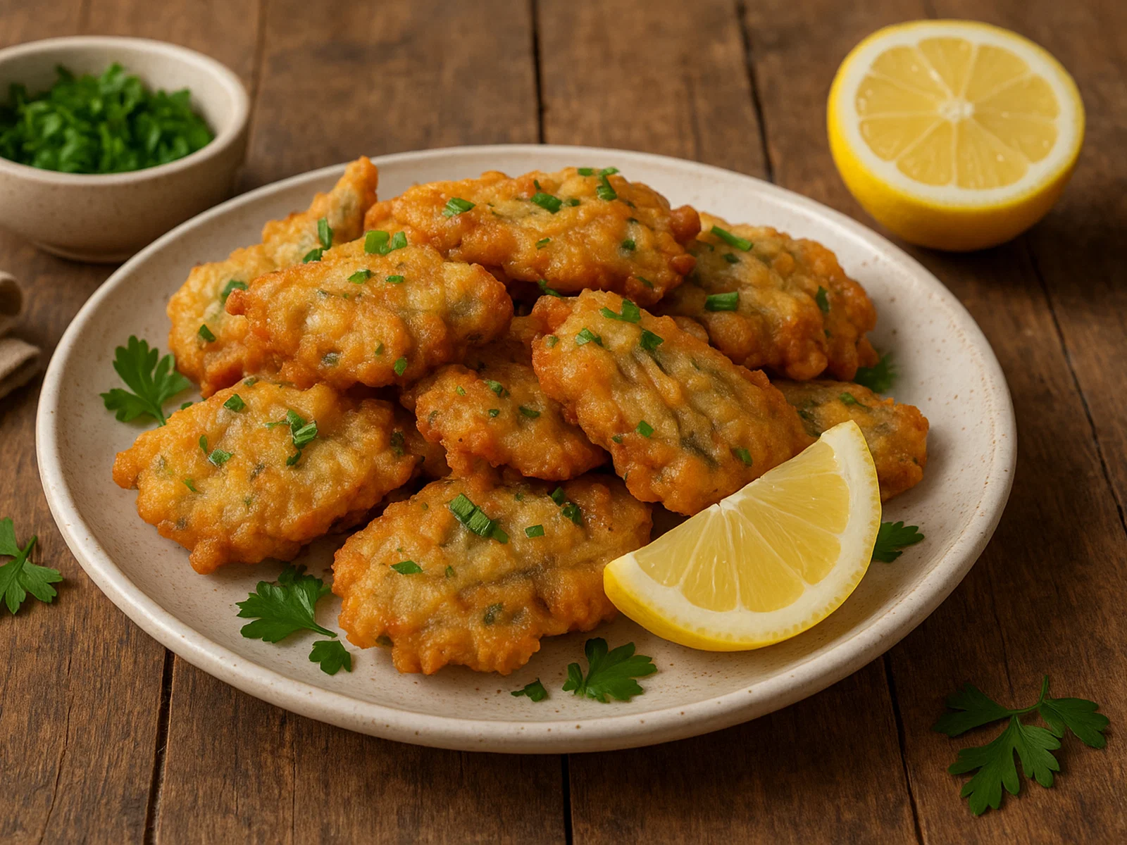 Knusprige Whitebait-Fritter mit Zitrone und Kräutern