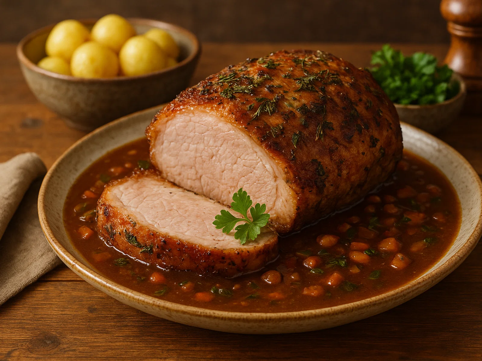 Saftiger Schweinebraten mit Kräutern