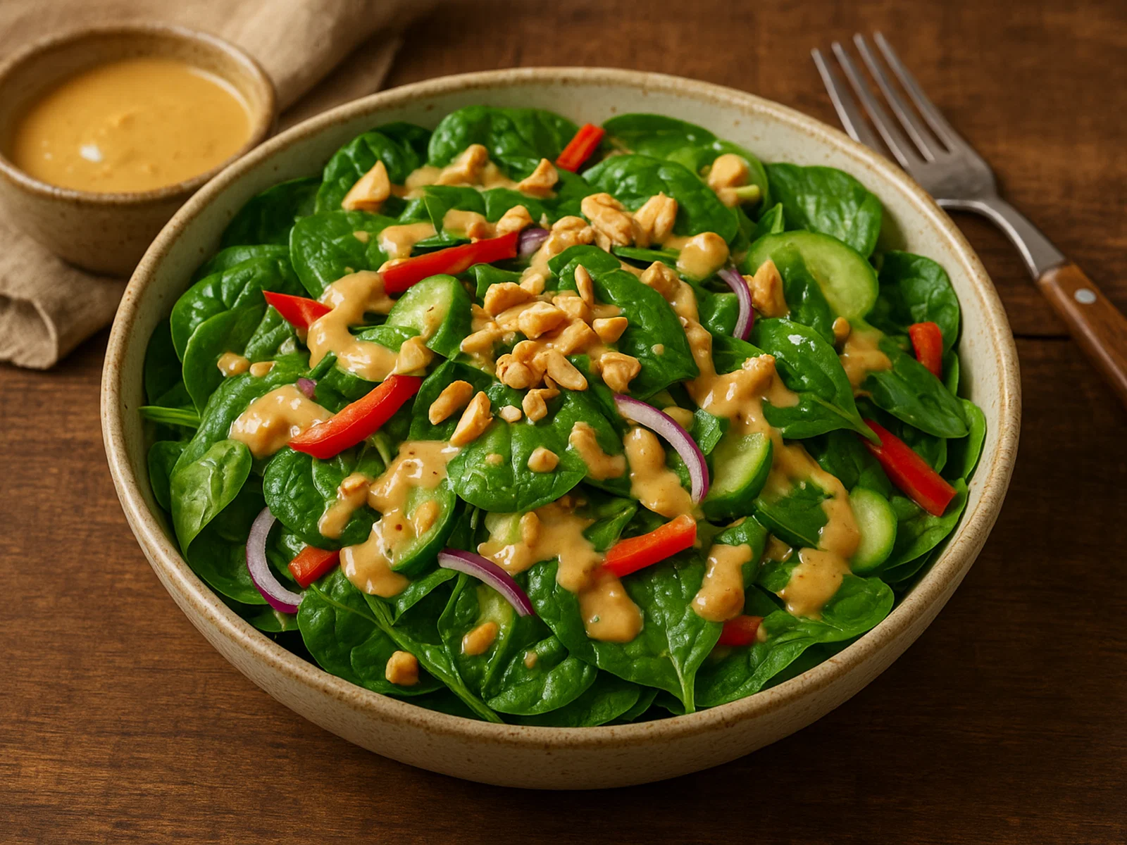 Spinatsalat mit cremigem Erdnussdressing