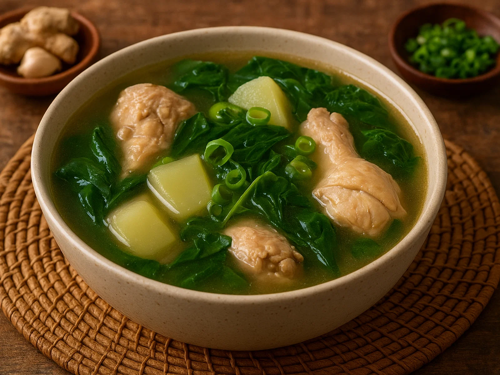Tinolang Manok – Philippinische Hähnchensuppe mit Ingwer, Papaya und Spinat