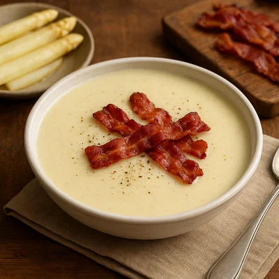 Spargelcremesuppe mit knusprigen Schinkenstreifen