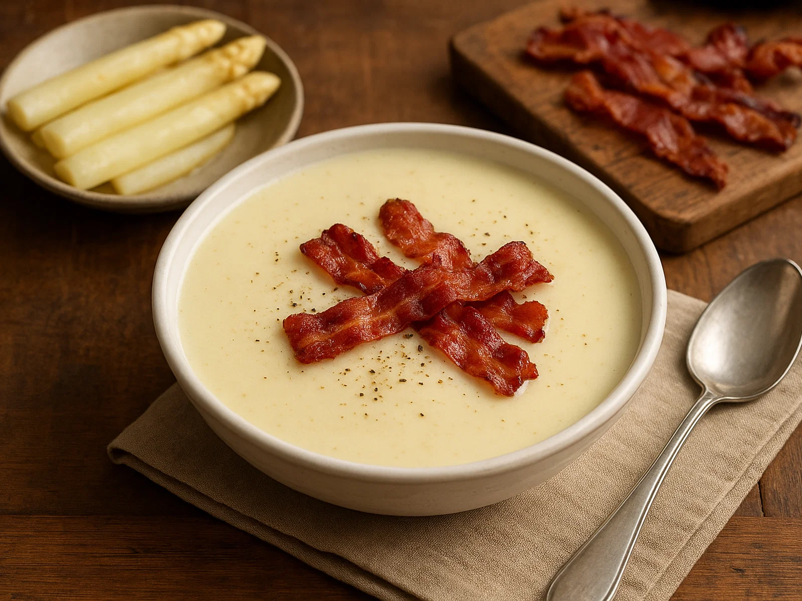 Spargelcremesuppe mit knusprigen Schinkenstreifen