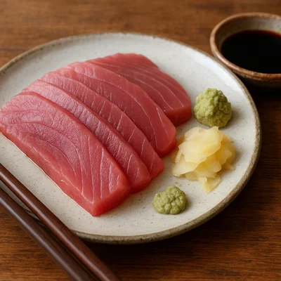 Tuna Sashimi mit Sojasauce, Wasabi und Ingwer