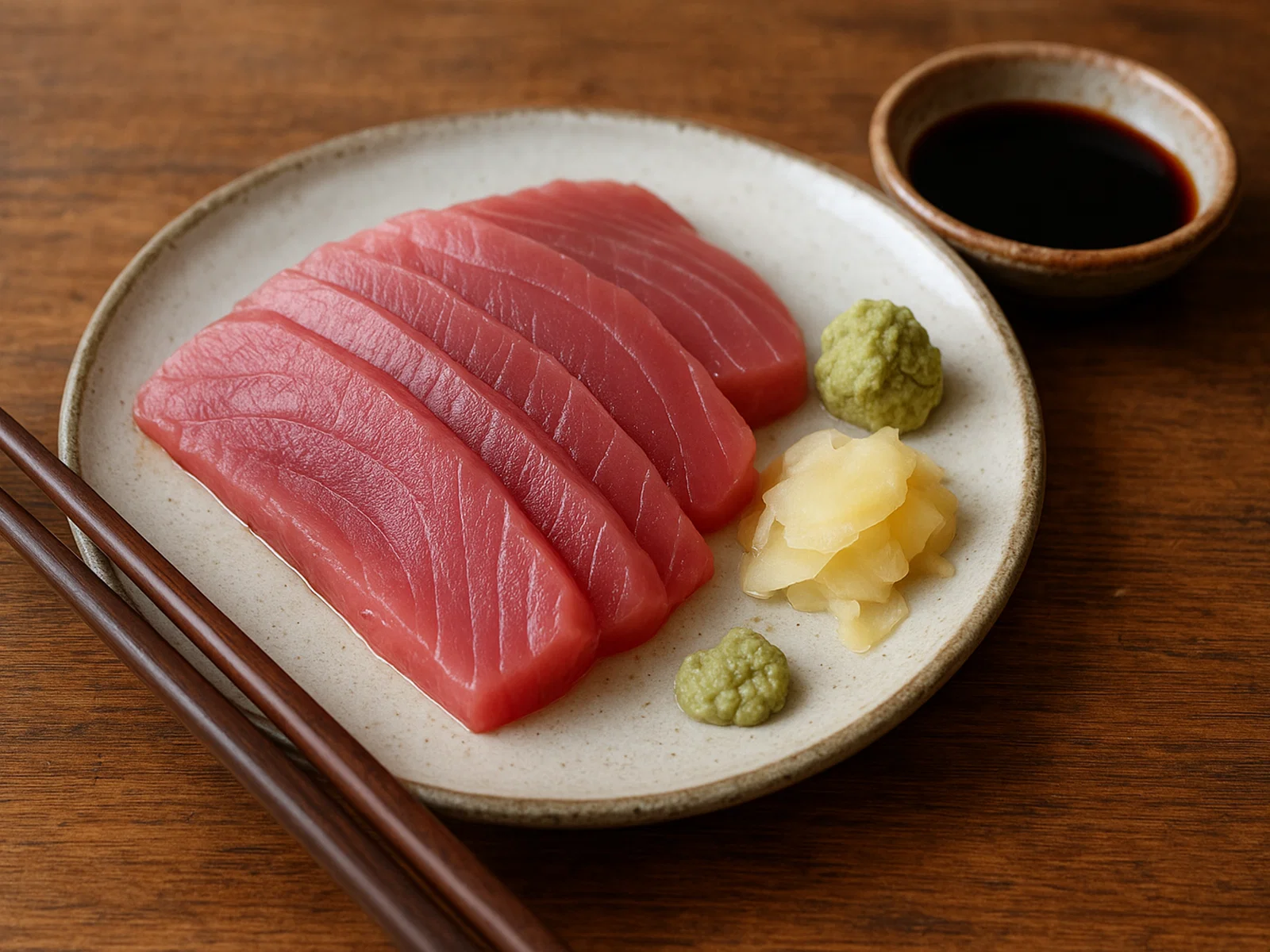 Tuna Sashimi mit Sojasauce, Wasabi und Ingwer