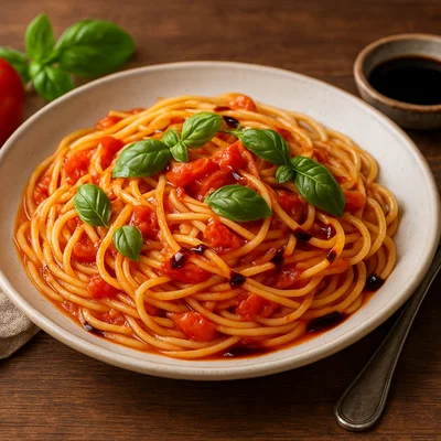 Tomaten-Basilikum-Spaghetti mit Balsamico-Reduktion