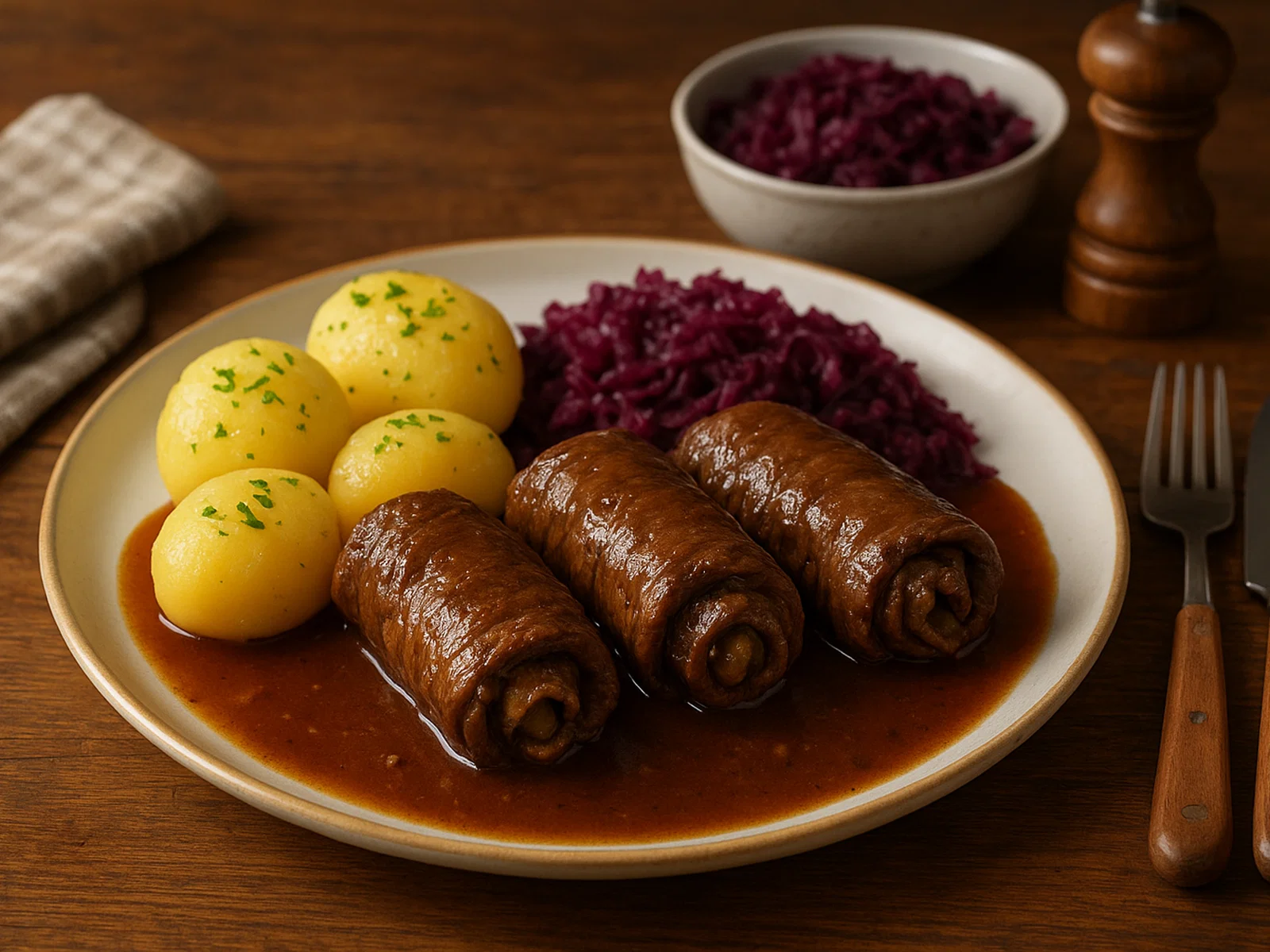 Klassische deutsche Rinderrouladen mit reichhaltiger Soße