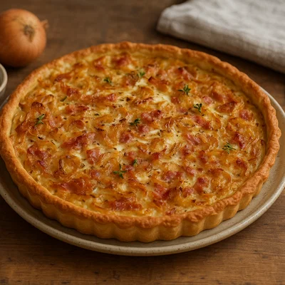 Französischer Zwiebelkuchen mit Speck und Schmand