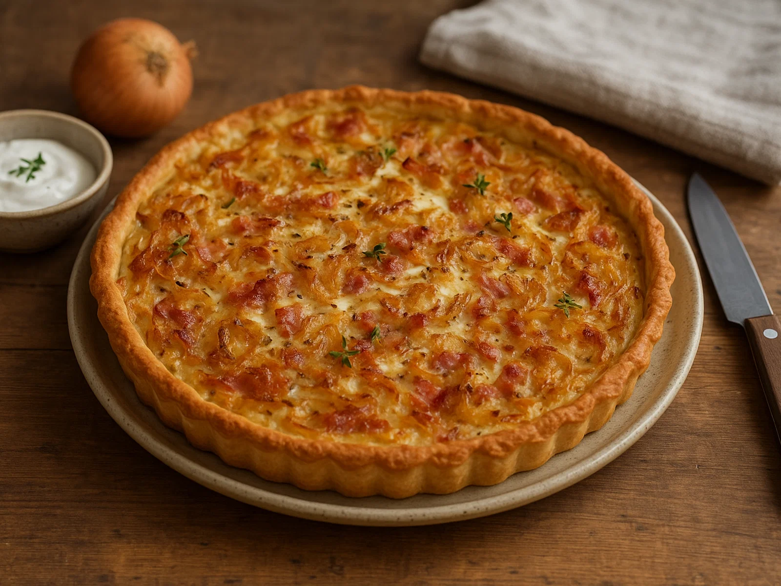 Französischer Zwiebelkuchen mit Speck und Schmand