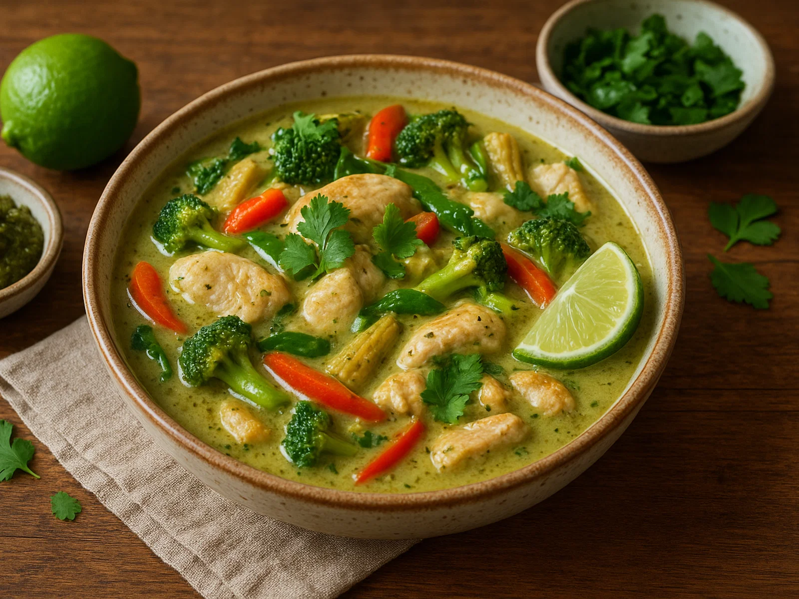 Grünes Thai-Curry mit Hähnchen und Gemüse