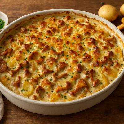 Pfifferling-Kartoffelgratin mit Sahne und Käse