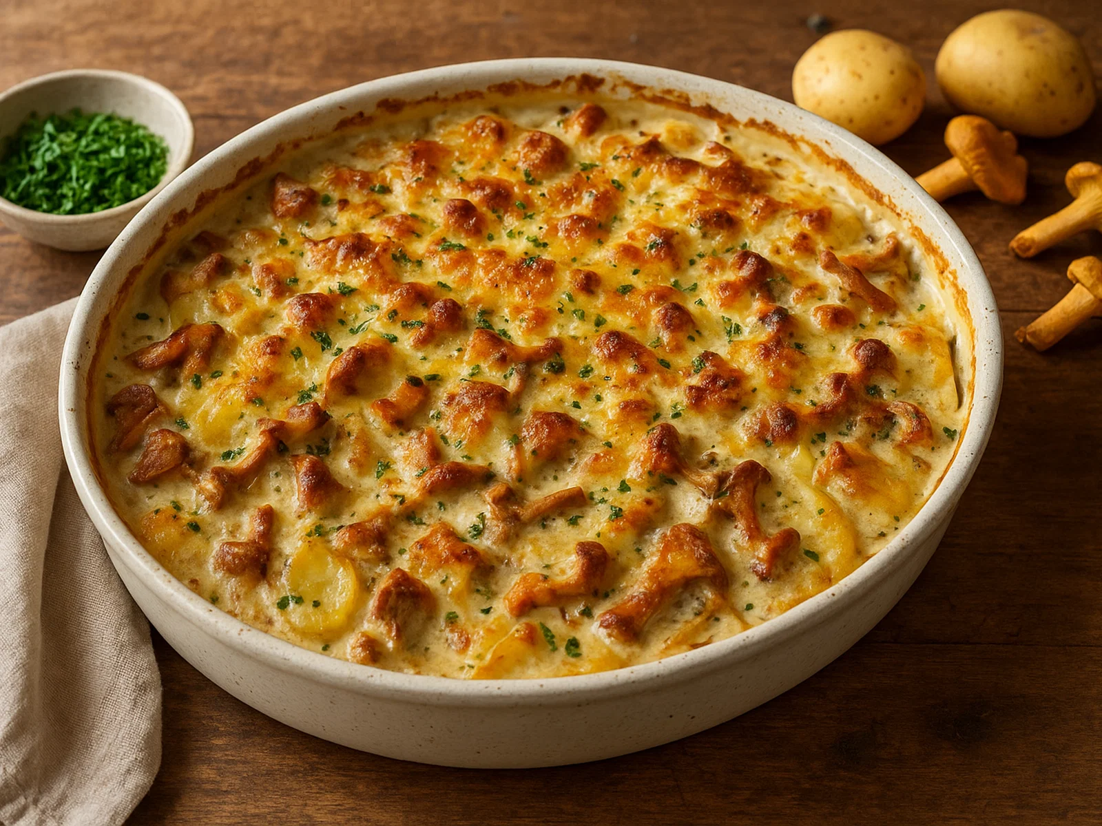 Pfifferling-Kartoffelgratin mit Sahne und Käse