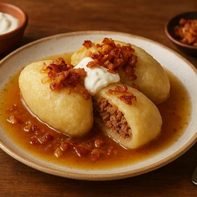Litauische Cepelinai (Gefüllte Kartoffelklöße mit Hackfleisch)