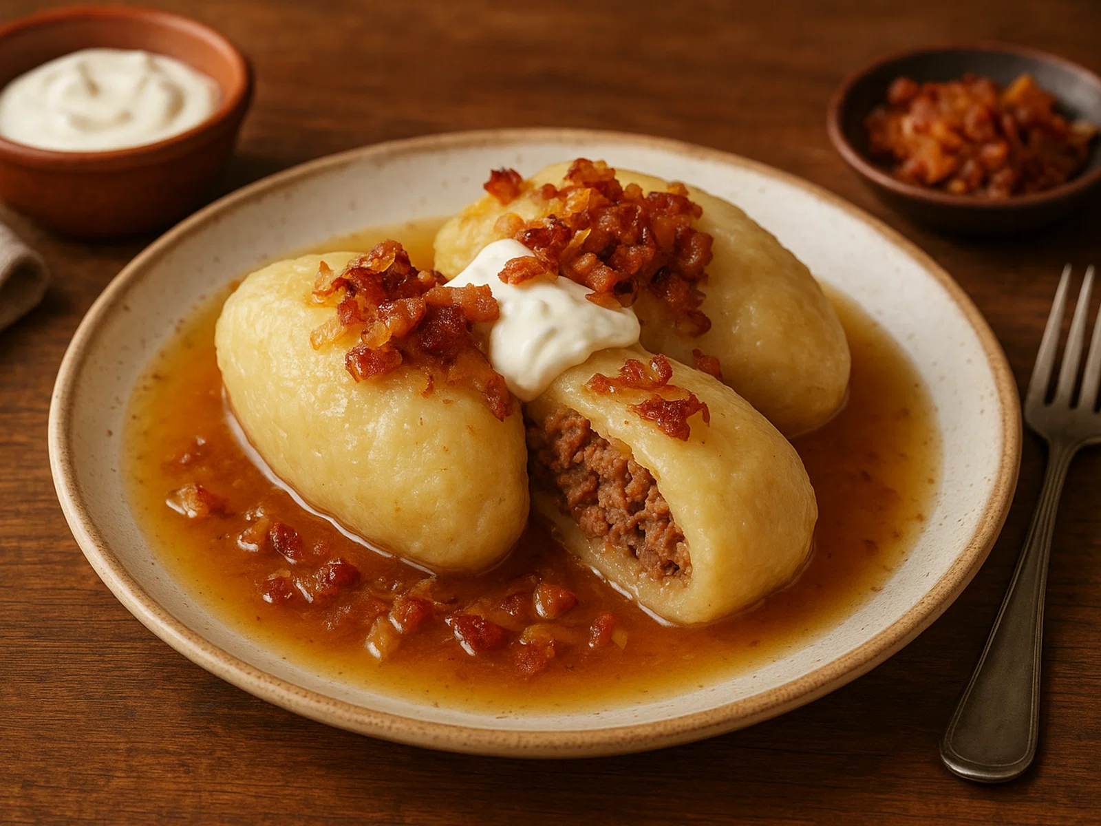 Litauische Cepelinai (Gefüllte Kartoffelklöße mit Hackfleisch)