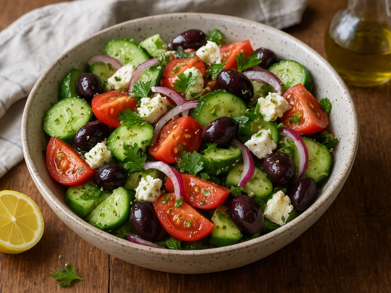 Griechischer Gurkensalat mit Feta und Zitronen-Olivenöl-Vinaigrette