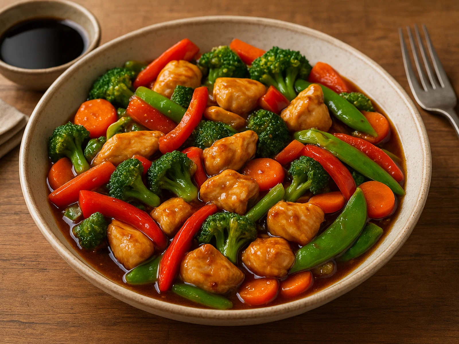 Hühnchen-Gemüse-Pfanne mit Soja-Ingwer-Sauce