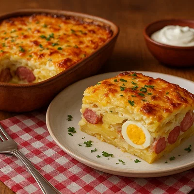 Ungarischer Rakott Krumpli (Kartoffelauflauf mit Ei und Wurst)