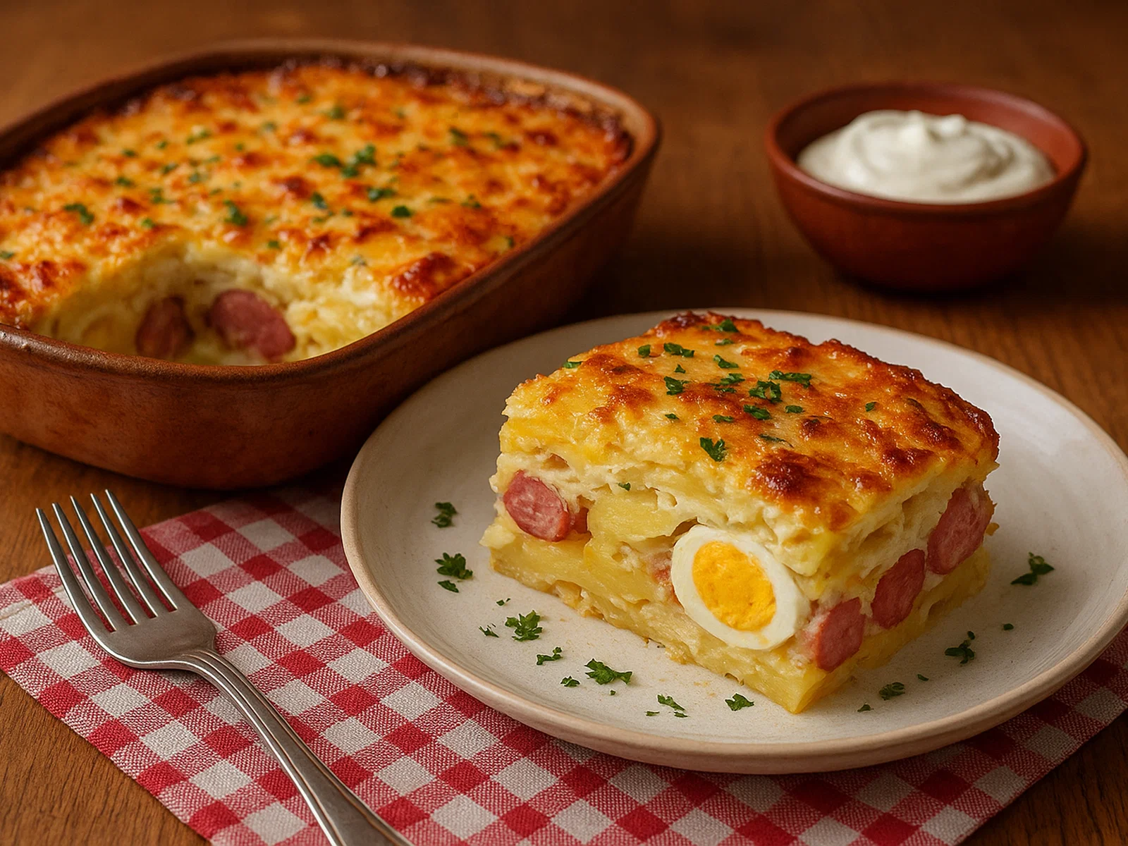 Ungarischer Rakott Krumpli (Kartoffelauflauf mit Ei und Wurst)