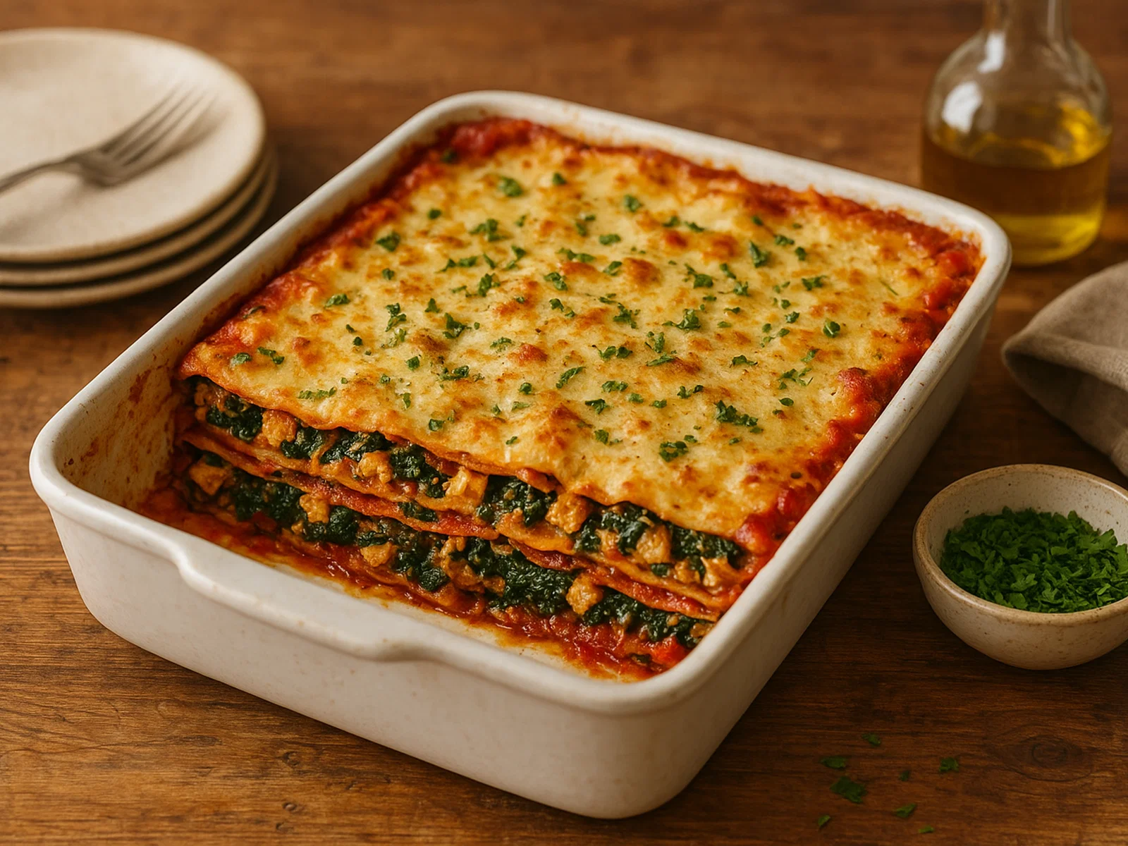 Vegane Lasagne mit Spinat und Tofu