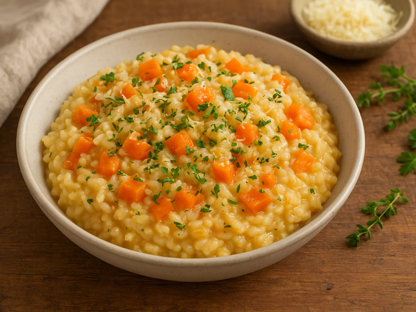 Cremiges Karotten-Risotto mit Thymian und Petersilie