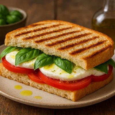 Tomate-Mozzarella-Panini mit Basilikum und Olivenöl