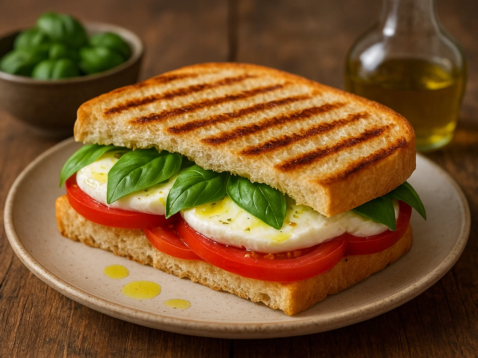 Tomate-Mozzarella-Panini mit Basilikum und Olivenöl