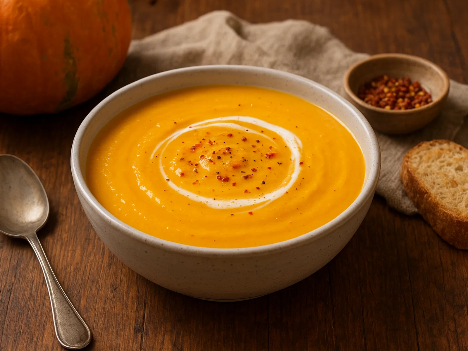 Cremige Kürbissuppe mit leichter Schärfe
