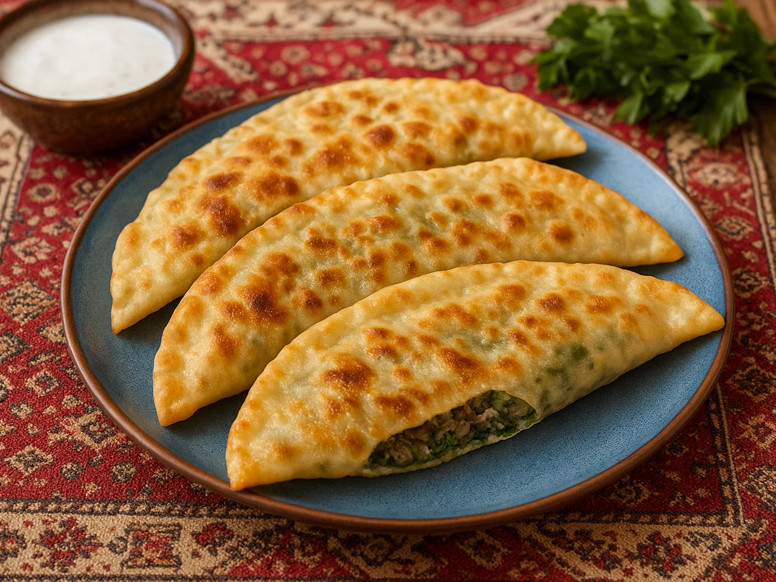 Aserbaidschanische Qutab mit Fleisch- und Kräuterfüllung