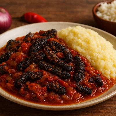 Geschmorte Mopane-Würmer mit Tomaten-Zwiebel-Sauce