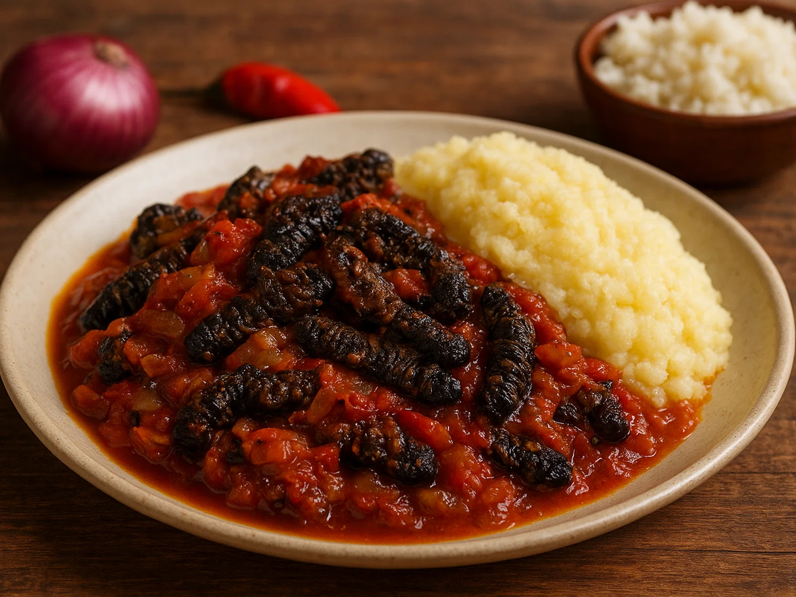 Geschmorte Mopane-Würmer mit Tomaten-Zwiebel-Sauce