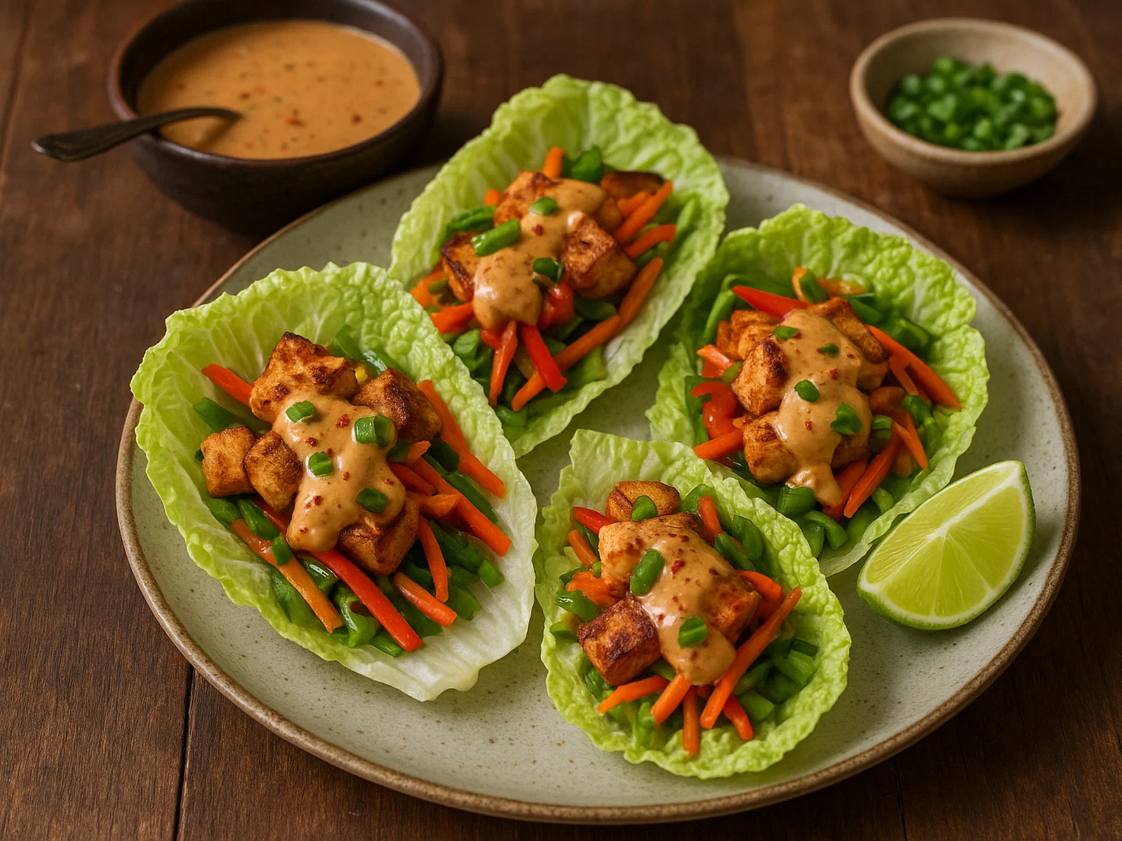 Chinakohl-Wraps mit Tofu und Limetten-Erdnusssauce