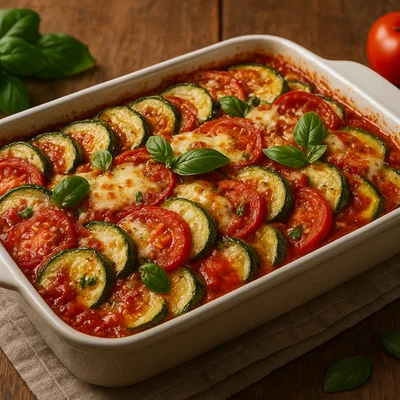 Zucchini-Tomaten-Auflauf mit Basilikum und Mozzarella