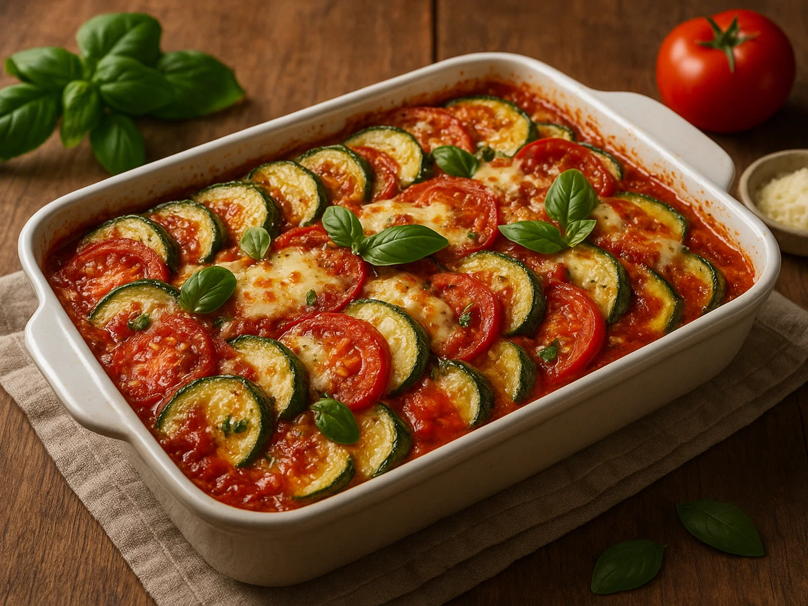 Zucchini-Tomaten-Auflauf mit Basilikum und Mozzarella