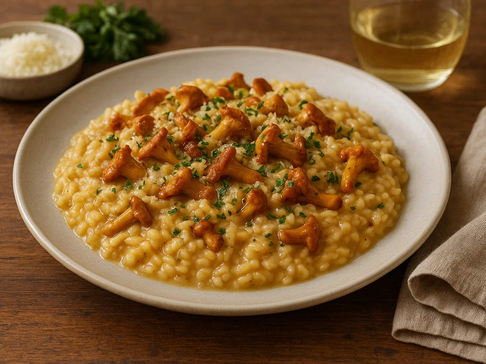 Cremiges Pfifferling-Risotto mit Weißwein und Parmesan