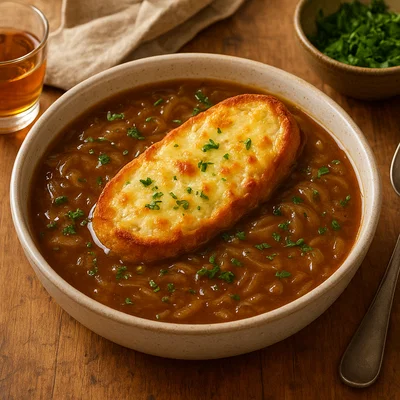 Bermuda‑Zwiebelsuppe mit Sherry und gratiniertem Käsebrot