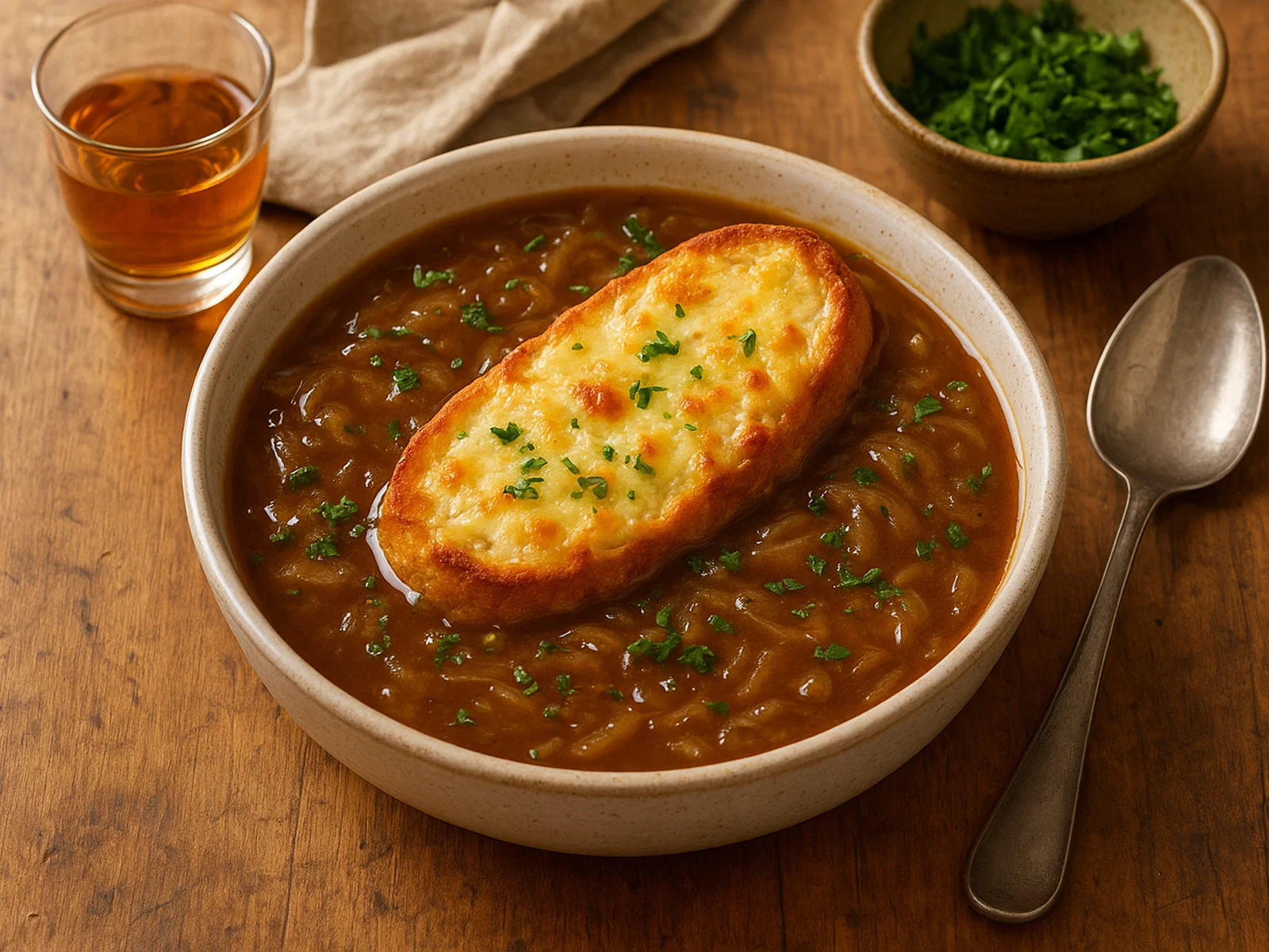 Bermuda‑Zwiebelsuppe mit Sherry und gratiniertem Käsebrot