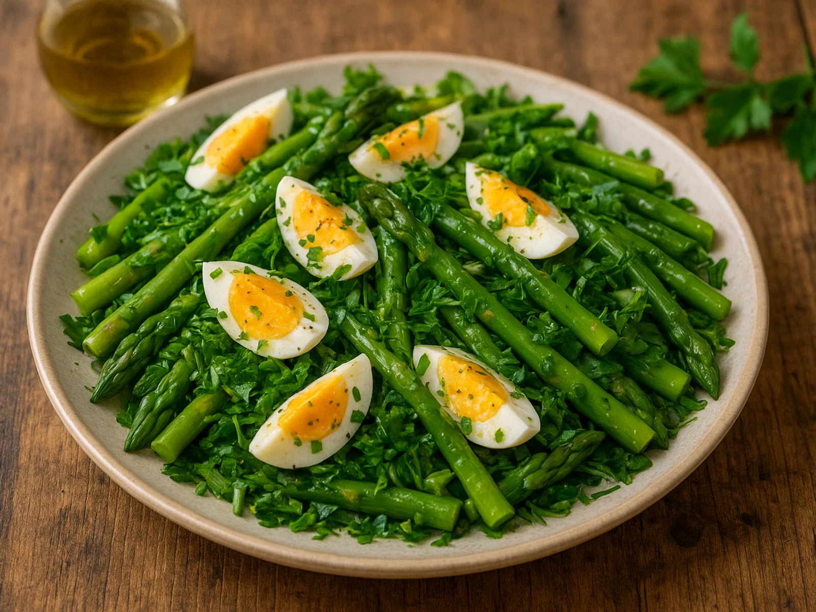 Ostereiersalat mit grünem Spargel und Frühlingskräutern