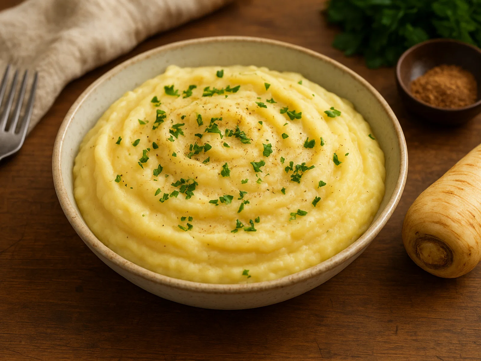 Cremiges Pastinaken-Püree mit Muskat und Petersilie